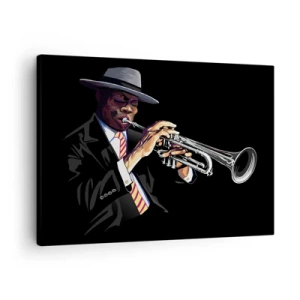 Canvastavla - Bild på duk - En musiker som spelar trumpet mot en svart bakgrund - 70x50cm - Gamla skolans charm - Modern väggdekoration för vardagsrum och sovrum ARTTOR