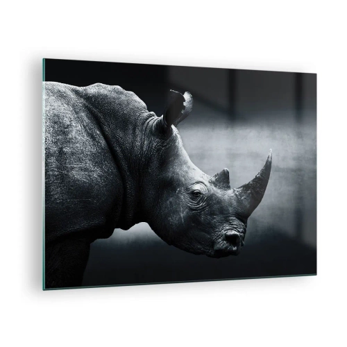 Glastavla - Bild på glas - Svartvit bild av en noshörning - 70x50cm - Höger profil - Modern väggdekoration för vardagsrum och sovrum ARTTOR