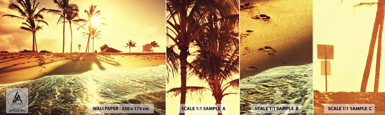 Provbit av självhäftande fototapet Deluxe Sticker - Kalifornisk morgon - Landskap, Strand, Kokosnötspalm - 100x30 cm