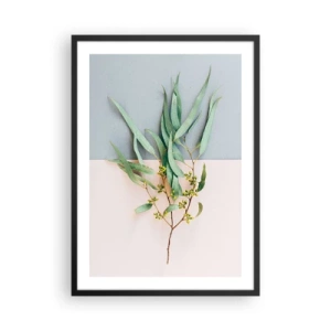Affisch i svart ram - En kvist eukalyptus på en pastellfärgad bakgrund - 50x70cm - Pastellens subtilitet - Modern väggdekoration för vardagsrum och sovrum ARTTOR