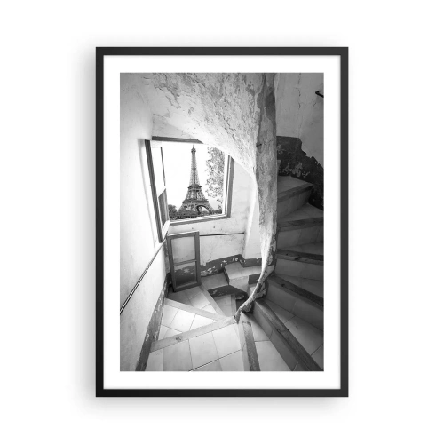 Affisch i svart ram - Utsikt över Eiffeltornet genom ett fönster i en gammal byggnad - 50x70cm - Vilken utsikt! - Modern väggdekoration för vardagsrum och sovrum ARTTOR