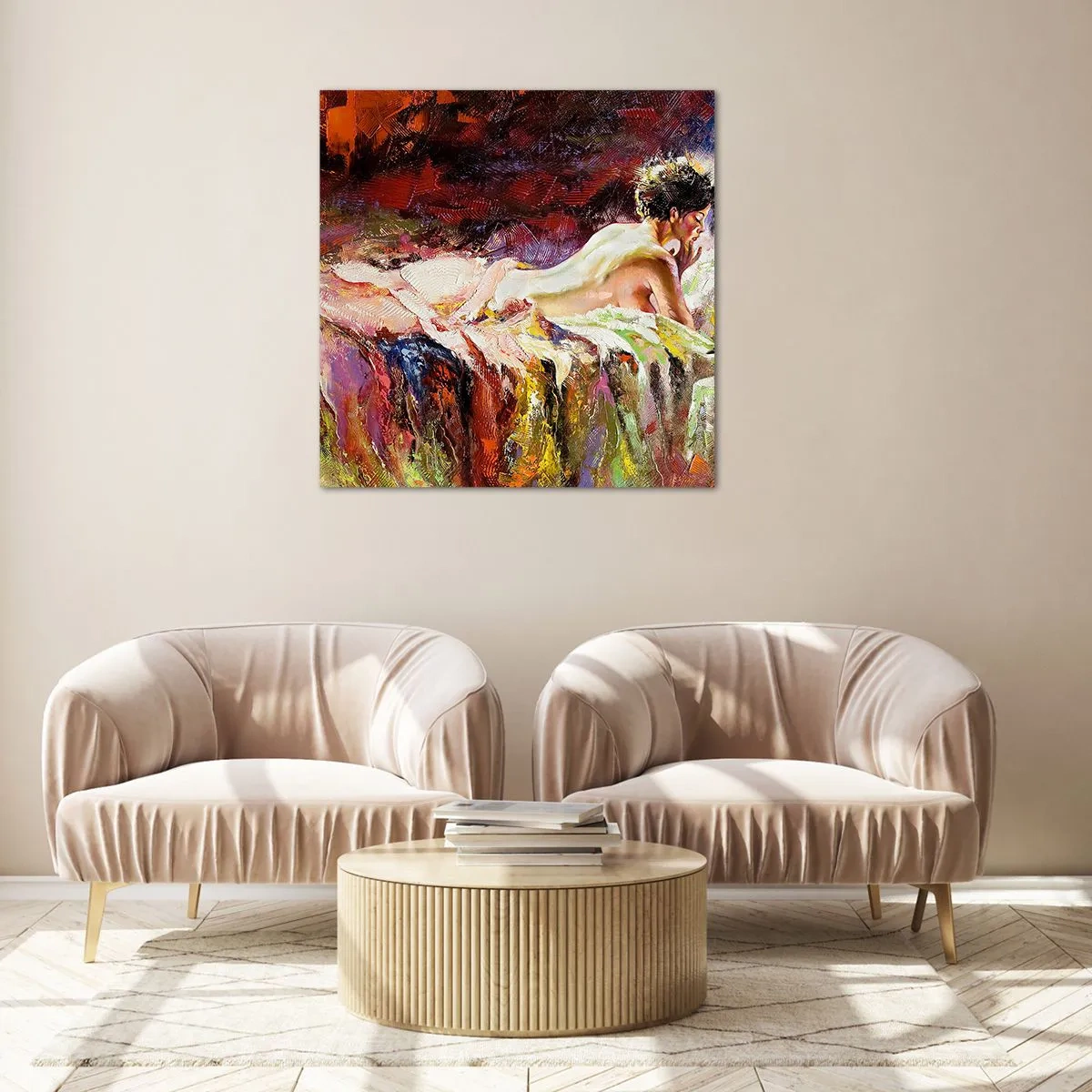 Glastavla - Bild på glas - Venus försänkt i sina tankar - 70x70 cm