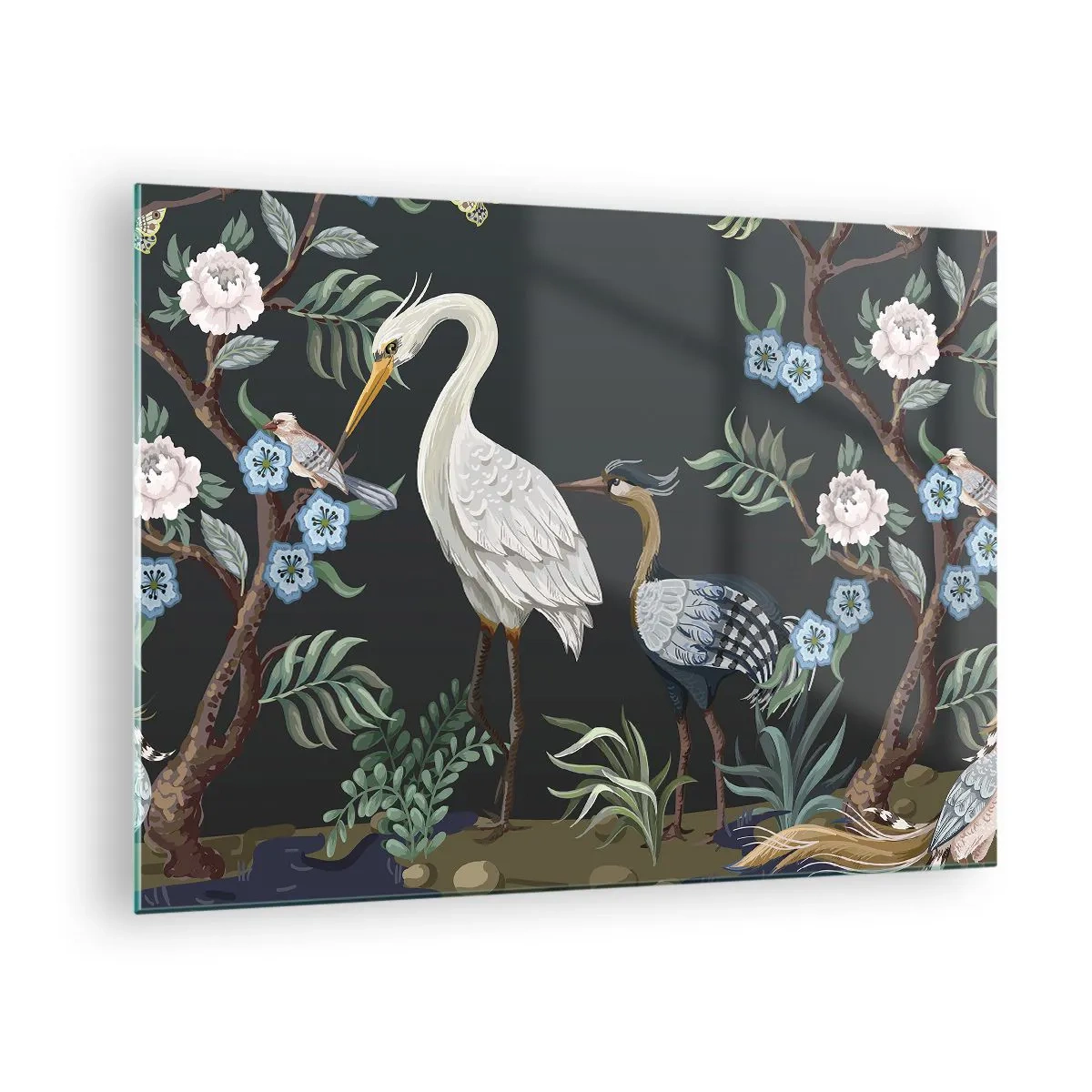Glastavla - Bild på glas - Färgglada fåglar bland blommande grenar mot en mörk bakgrund - 70x50cm - Fågelparad - Modern väggdekoration för vardagsrum och sovrum ARTTOR