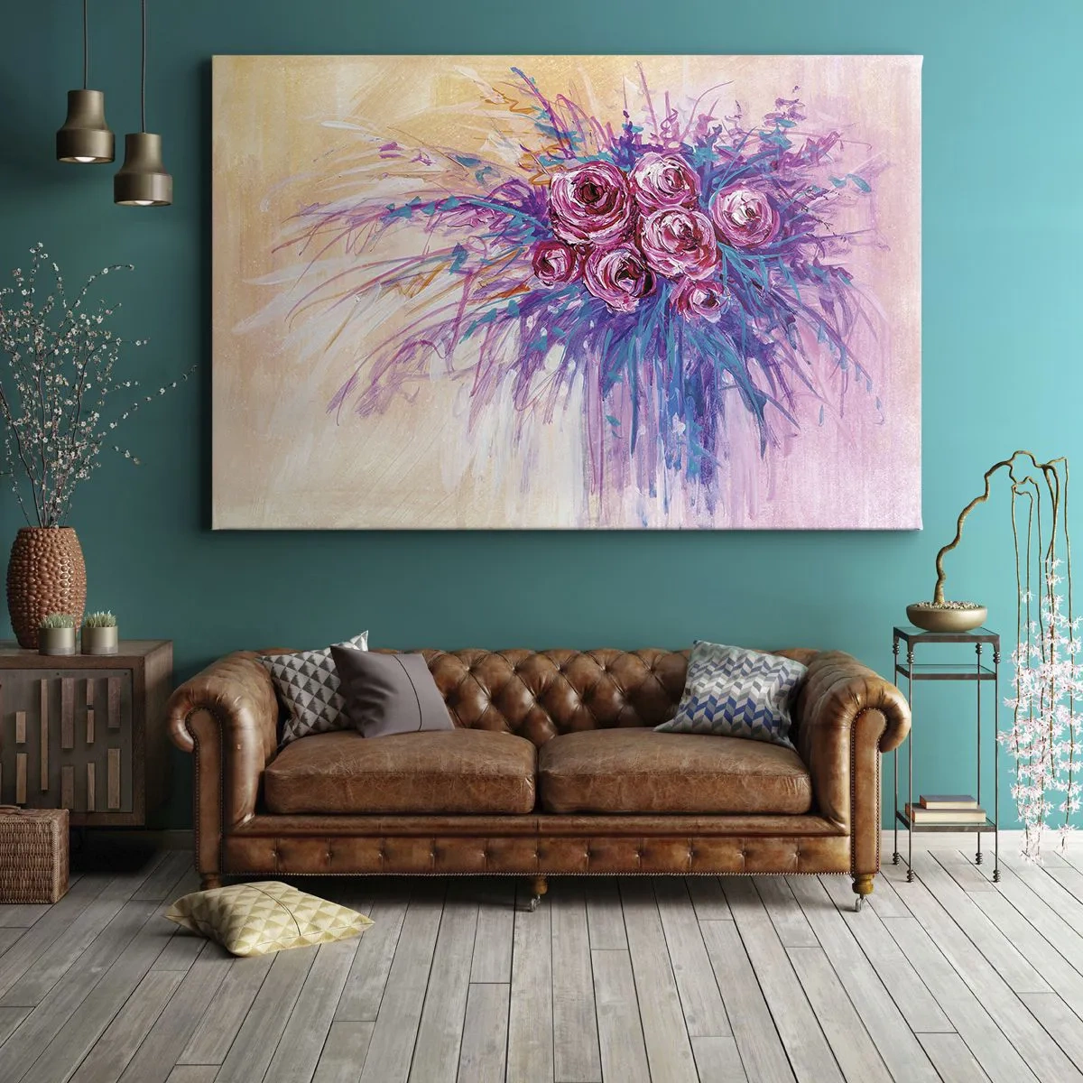 Canvastavla - Bild på duk - En bukett rosor i pastellfärger - 70x50cm - Rosfontän - Modern väggdekoration för vardagsrum och sovrum ARTTOR