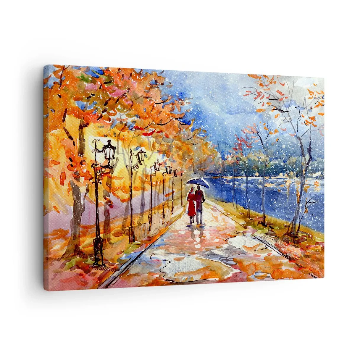 Canvastavla - Bild på duk - En höstpromenad i parken vid flodstranden under ett paraply - 70x50cm - Tillsammans mot tidens gräns - Modern väggdekoration för vardagsrum och sovrum ARTTOR