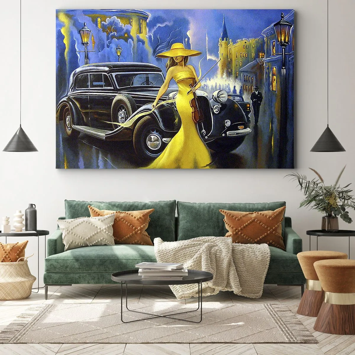 Canvastavla - Bild på duk - En kvinna i gul klänning med en fiol bredvid en retrobil. - 70x50cm - Nocturne för fiol och kärlek - Modern väggdekoration för vardagsrum och sovrum ARTTOR