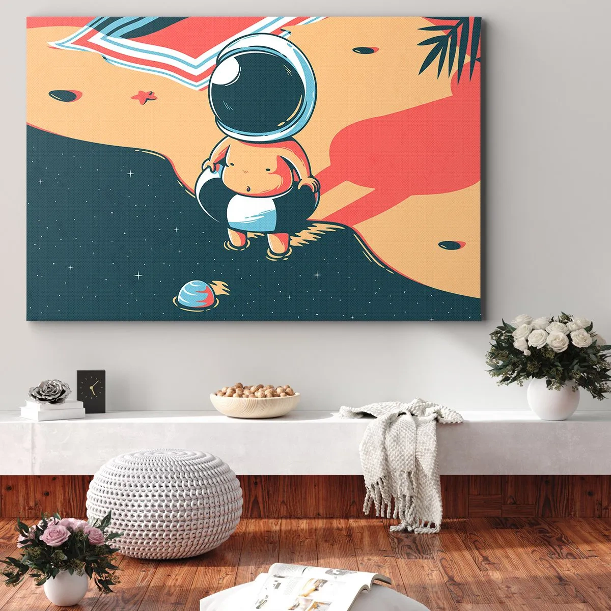 Canvastavla - Bild på duk - Rolig astronaut på stranden med rymdelement i bakgrunden - 70x50cm - Ur ett annat perspektiv - Modern väggdekoration för vardagsrum och sovrum ARTTOR