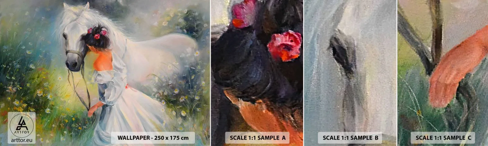 Provbit av självhäftande fototapet Deluxe Sticker - Ur en vacker dröm - Kvinna, Häst, Äng - 100x30 cm