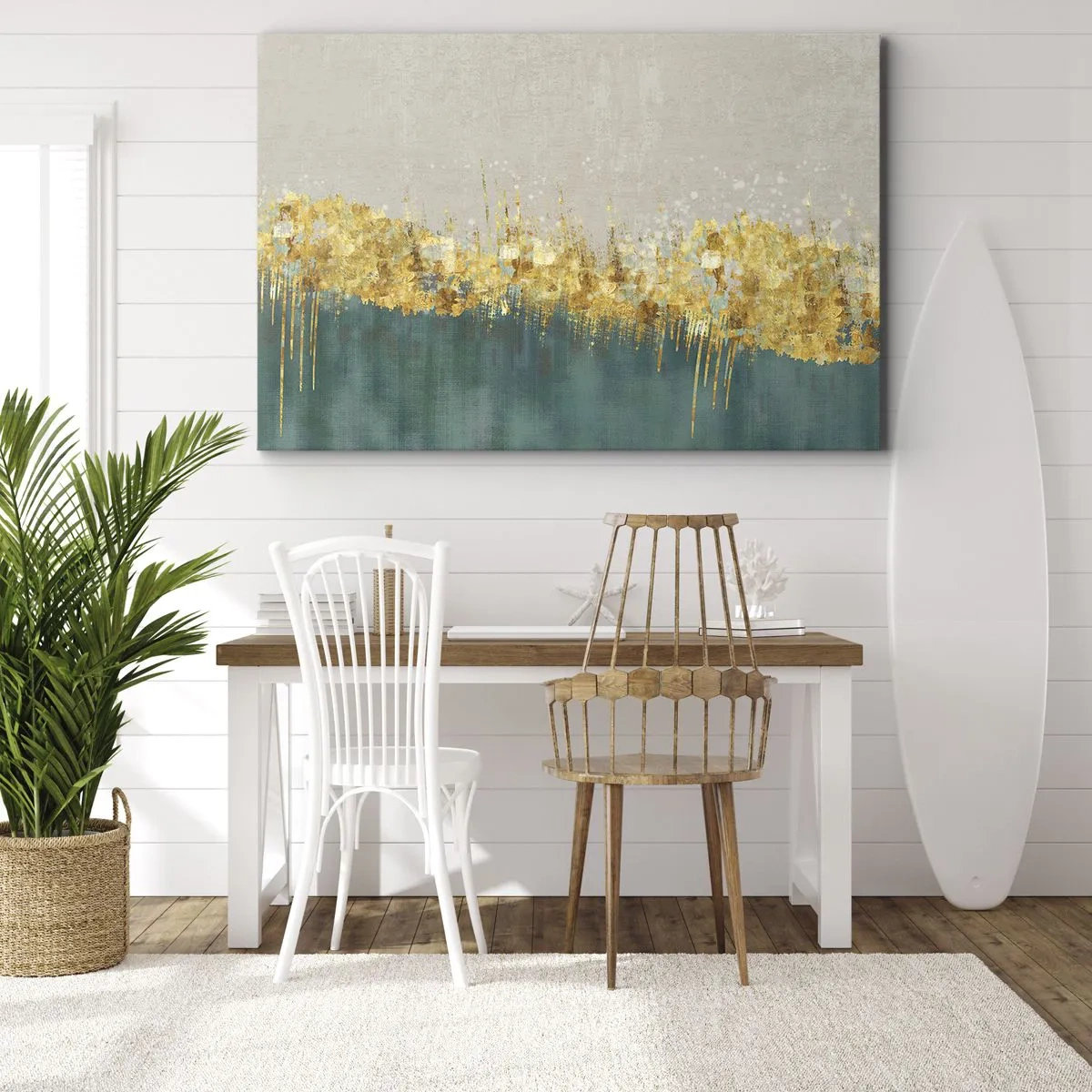 Canvastavla - Bild på duk - Guldfärgade accenter på en grönbeige bakgrund - 70x50cm - Den gyllene gränsen - Modern väggdekoration för vardagsrum och sovrum ARTTOR