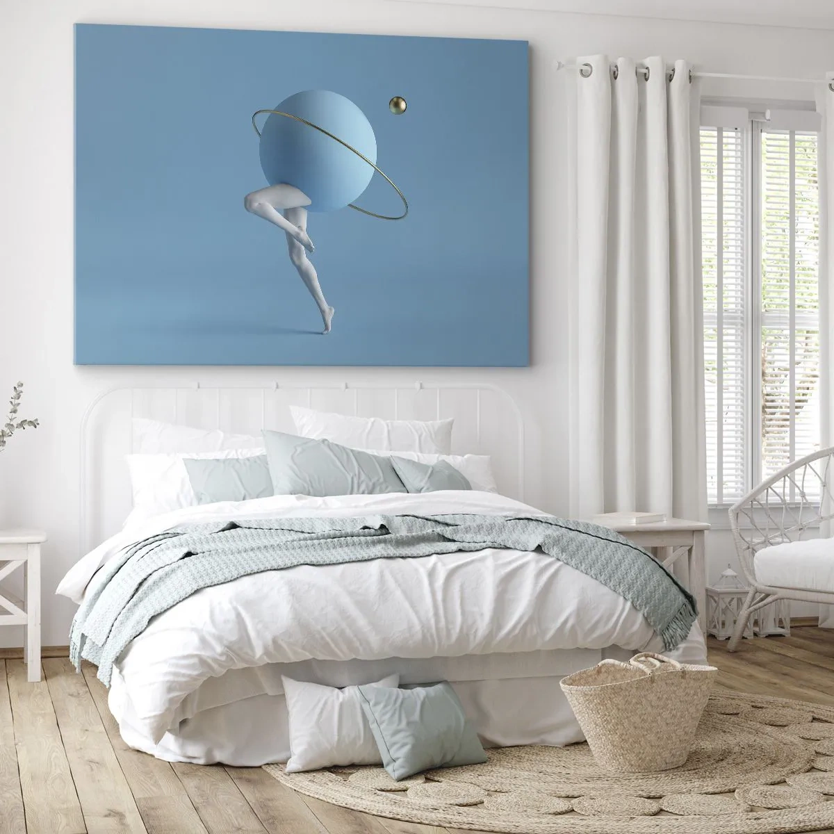 Canvastavla - Bild på duk - En blå sfär med en omloppsbana och mänskliga ben mot himlen - 70x50cm - Och planeterna blir galna - Modern väggdekoration för vardagsrum och sovrum ARTTOR