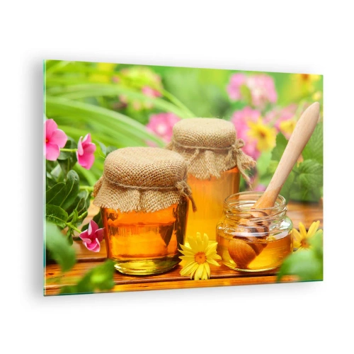Glastavla - Bild på glas - Burkar med honung mot en bakgrund av blommor i trädgården - 70x50cm - Sött och blommigt - Modern väggdekoration för vardagsrum och sovrum ARTTOR