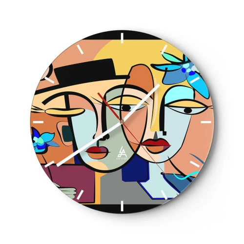 Väggklocka - Klocka på glas - Färgglada ansikten i kubistisk stil med blommiga inslag - 30x30cm - Picassos randez vous - Modern väggdekoration för vardagsrum, kök och sovrum ARTTOR