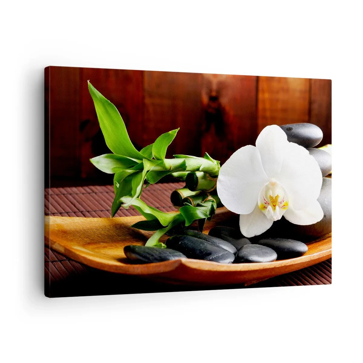 Canvastavla - Bild på duk - Vit orkidé med bambu mot en stenbakgrund i zenstil - 70x50cm - Bli berörd av naturen - Modern väggdekoration för vardagsrum och sovrum ARTTOR