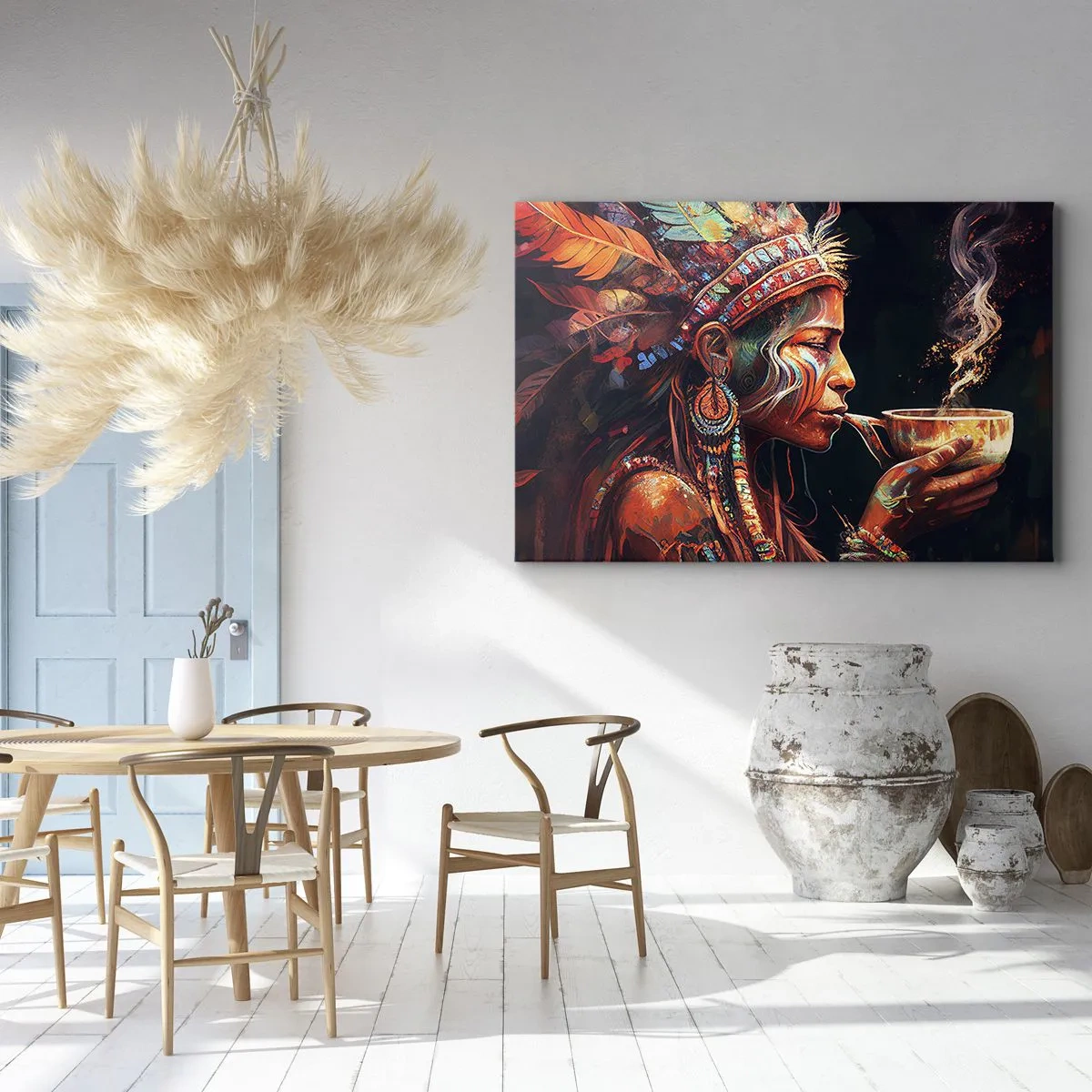 Canvastavla - Bild på duk - En färgglad figur i etnisk stil med en kopp ångande dryck - 70x50cm - En magisk ritual - Modern väggdekoration för vardagsrum och sovrum ARTTOR