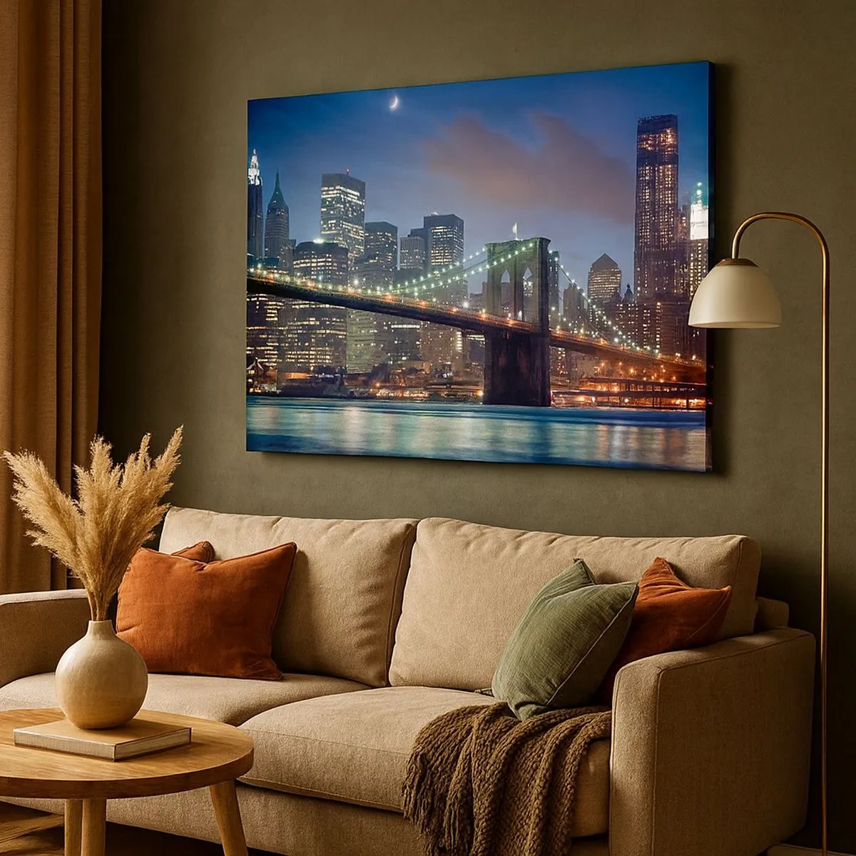 Canvastavla - Bild på duk - New York City Bridge på natten med upplysta byggnader - 70x50cm - Glödande natt - Modern väggdekoration för vardagsrum och sovrum ARTTOR