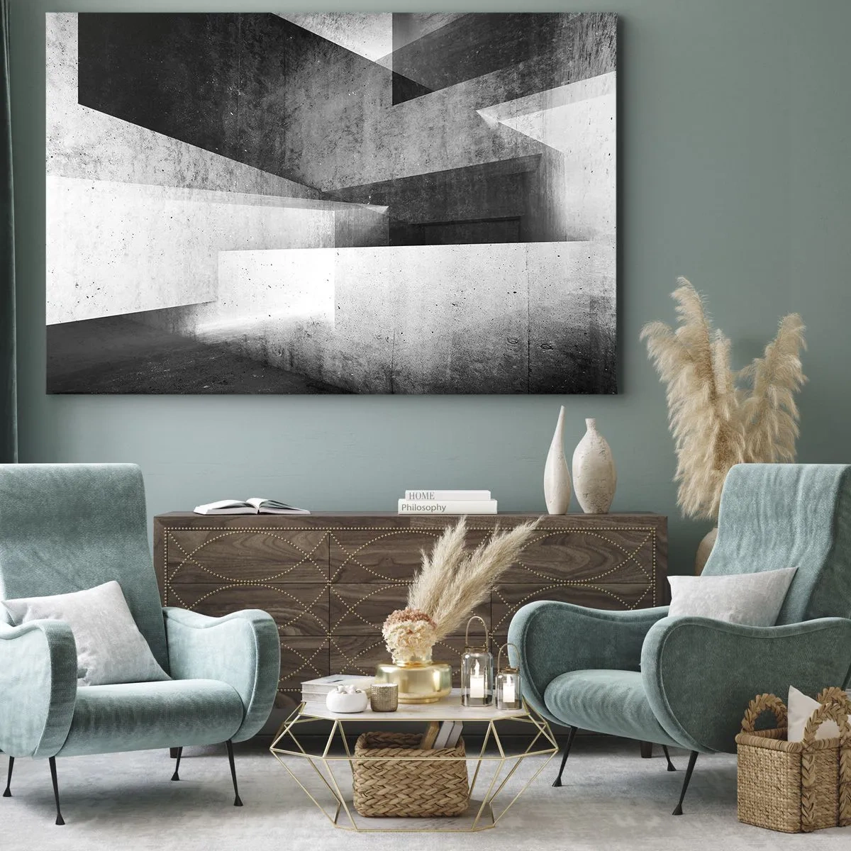 Canvastavla - Bild på duk - Geometriska former i en monokromatisk komposition - 70x50cm - Rummets struktur - Modern väggdekoration för vardagsrum och sovrum ARTTOR