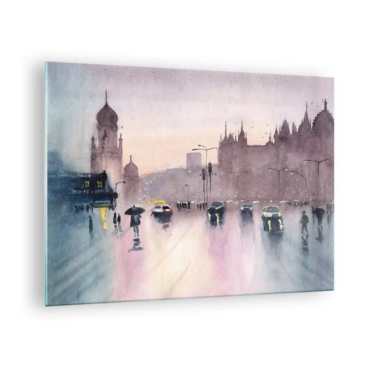 Glastavla - Bild på glas - Regnig stadsbild - 70x50cm - I regnig dimma - Modern väggdekoration för vardagsrum och sovrum ARTTOR
