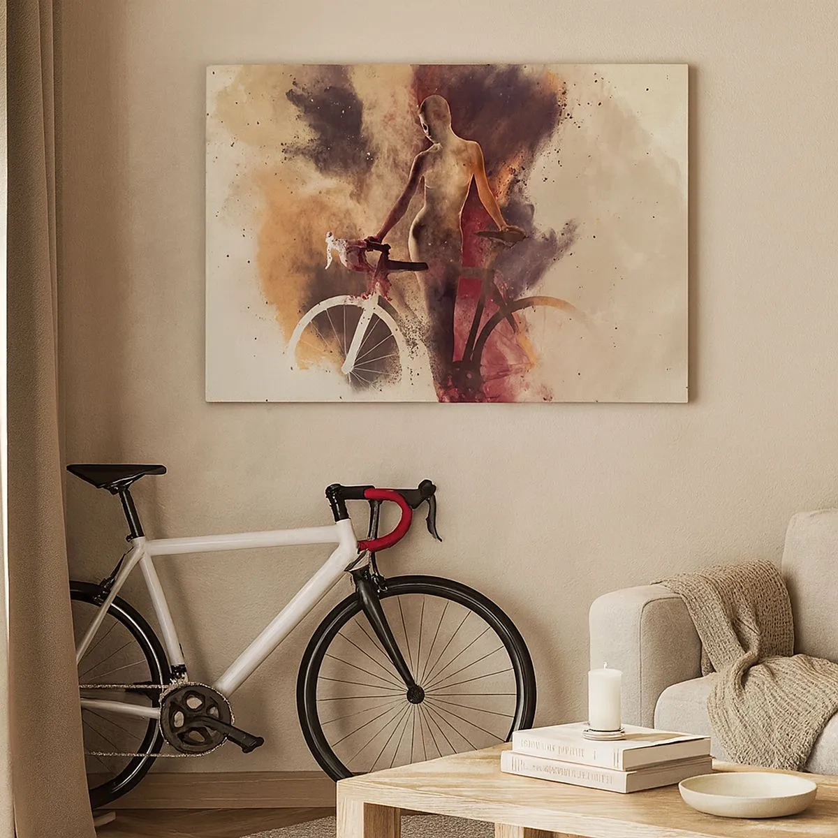 Canvastavla - Bild på duk - Abstrakt silhuett med en cykel i konstnärlig stil - 70x50cm - Cyklelsjäl i marmorform - Modern väggdekoration för vardagsrum och sovrum ARTTOR