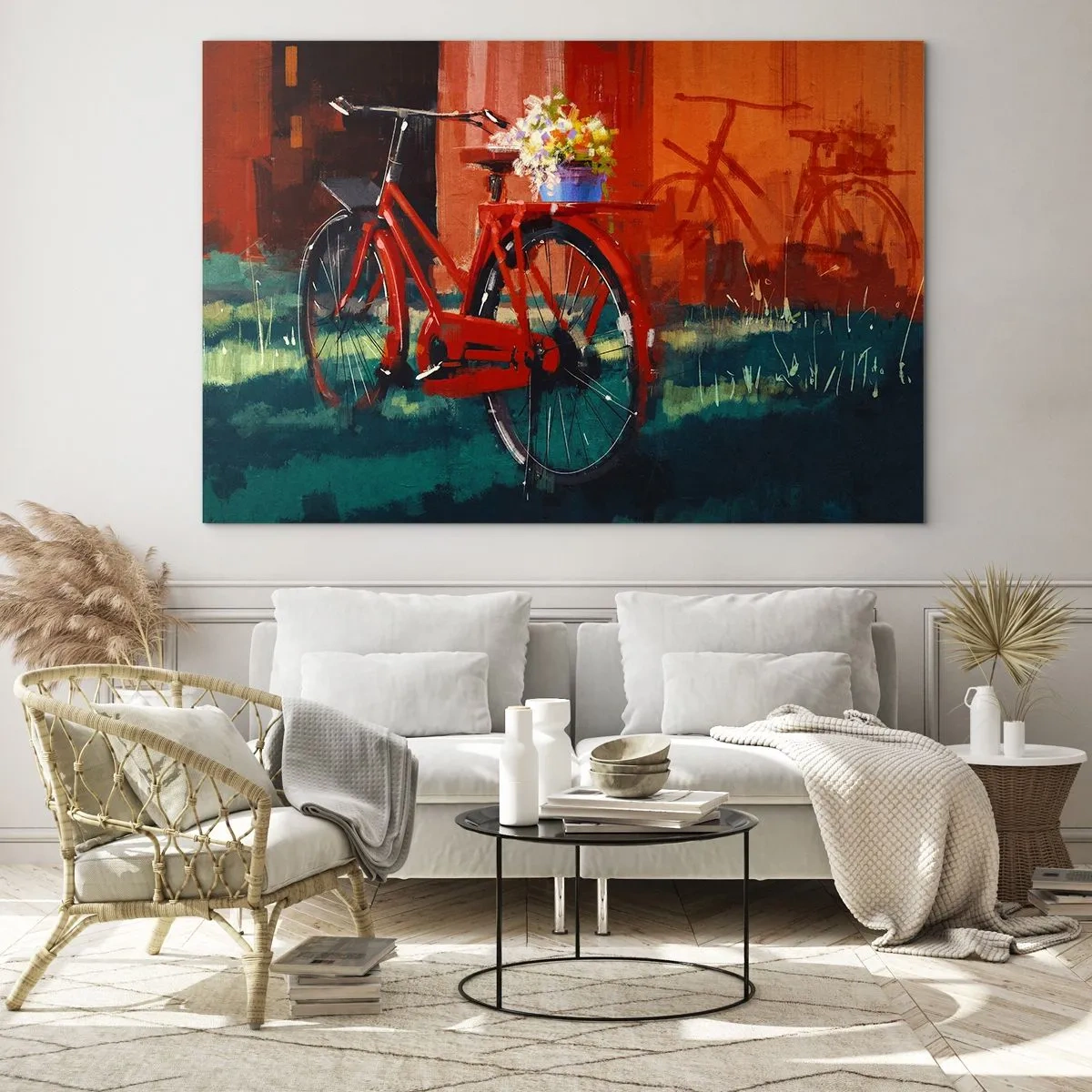 Glastavla - Bild på glas - En röd cykel med blommor framför en röd byggnad - 70x50cm - I want to ride my bicycle - Modern väggdekoration för vardagsrum och sovrum ARTTOR