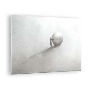 Glastavla - Bild på glas - En minimalistisk silhuett av en man med en stor boll mot en ljus bakgrund. - 70x50cm - Livets spel - Modern väggdekoration för vardagsrum och sovrum ARTTOR