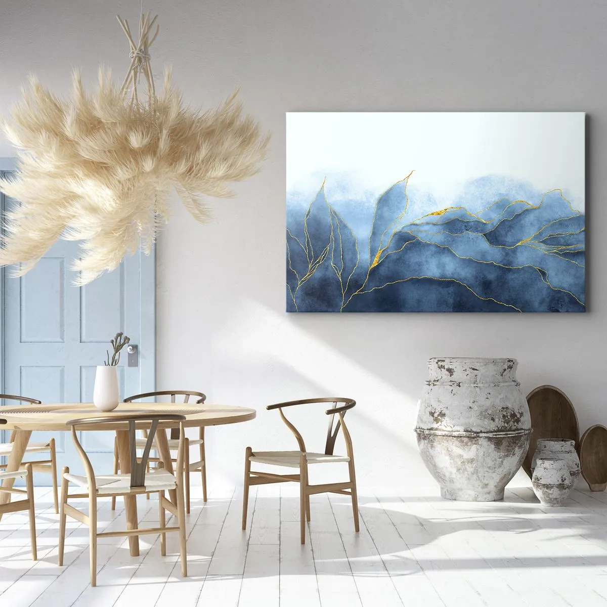 Canvastavla - Bild på duk - Abstrakta vågor i nyanser av blått med guldfärgade accenter - 70x50cm - Blått i guld - Modern väggdekoration för vardagsrum och sovrum ARTTOR