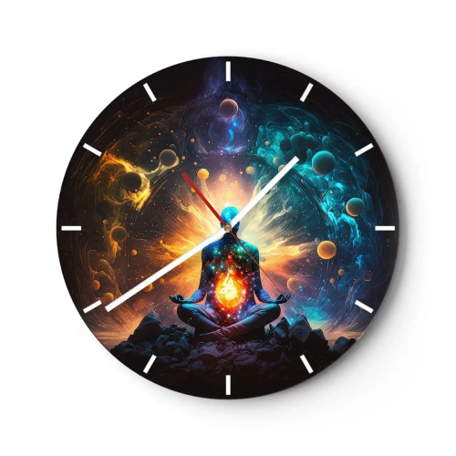Väggklocka - Klocka på glas - En figur i meditation omgiven av kosmisk energi och planeter. - 30x30cm - Kosmisk stillhet - Modern väggdekoration för vardagsrum, kök och sovrum ARTTOR