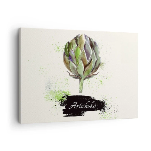 Canvastavla - Bild på duk - Akvarell kronärtskocka med text på en ljus bakgrund med gröna accenter - 70x50cm - Eviva grönsaker! - Modern väggdekoration för vardagsrum och sovrum ARTTOR