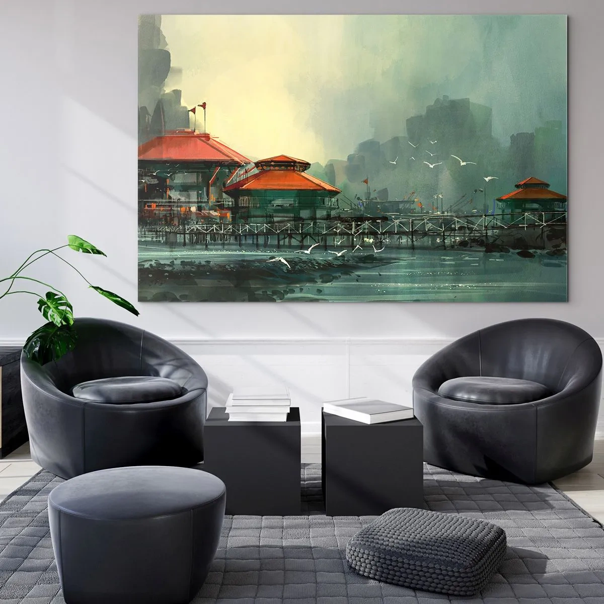 Glastavla - Bild på glas - Duggig dag i hamnen - 100x70 cm