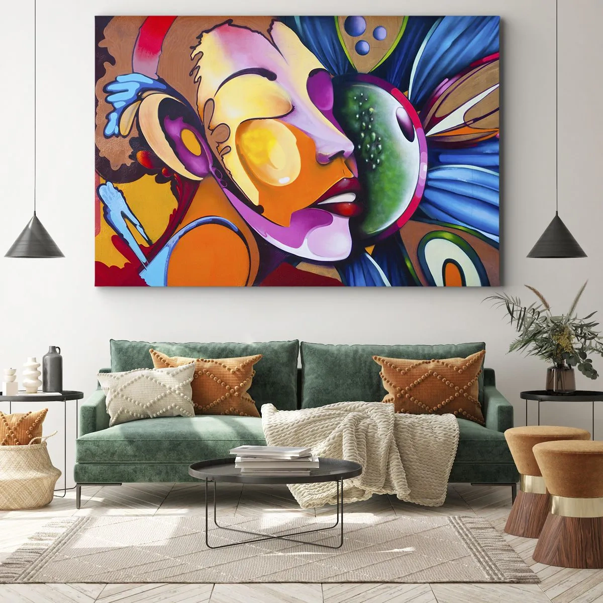 Canvastavla - Bild på duk - En färgglad abstraktion med ett ansiktsmotiv i en dynamisk komposition - 70x50cm - Känna på med färg - Modern väggdekoration för vardagsrum och sovrum ARTTOR