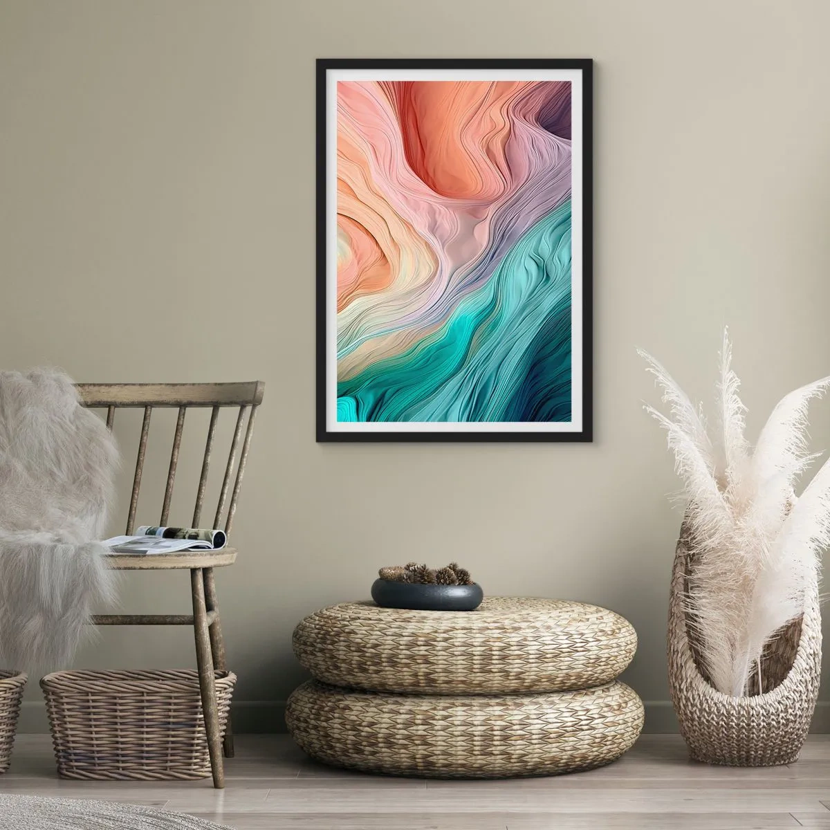 Affisch i svart ram - En abstrakt komposition av vågiga linjer i pastellfärger. - 50x70cm - Regnbågsvåg - Modern väggdekoration för vardagsrum och sovrum ARTTOR