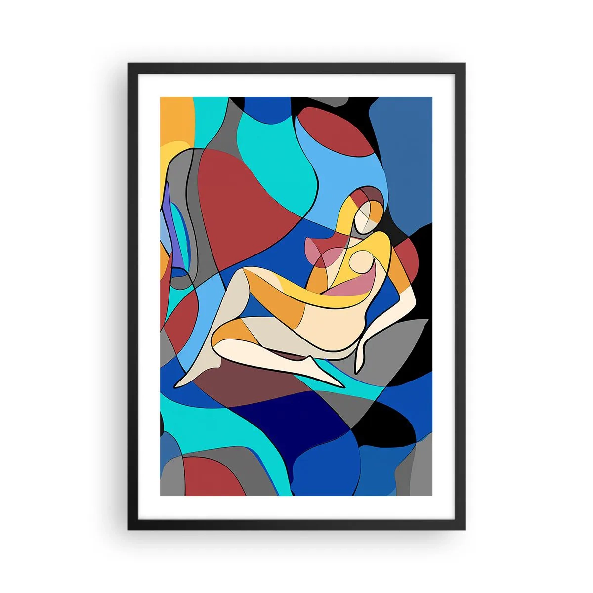 Affisch i svart ram - Abstrakt silhuett av en kvinna i en färgglad komposition - 50x70cm - Kubistisk nakenbild - Modern väggdekoration för vardagsrum och sovrum ARTTOR