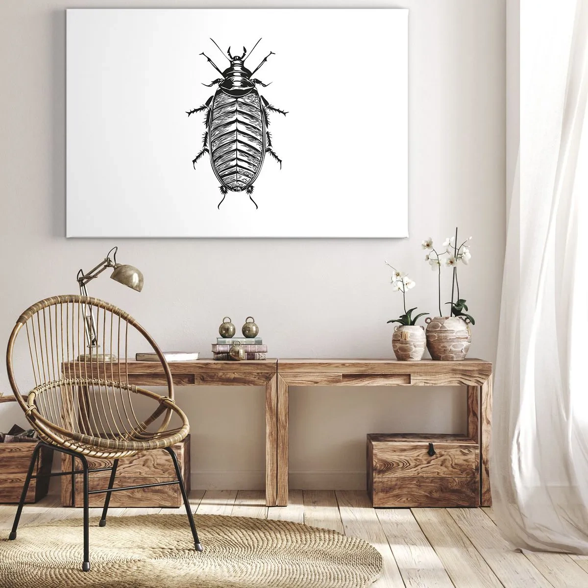 Canvastavla - Bild på duk - Grafik av en svartvit insekt på en vit bakgrund - 70x50cm - Vilket exemplar! - Modern väggdekoration för vardagsrum och sovrum ARTTOR