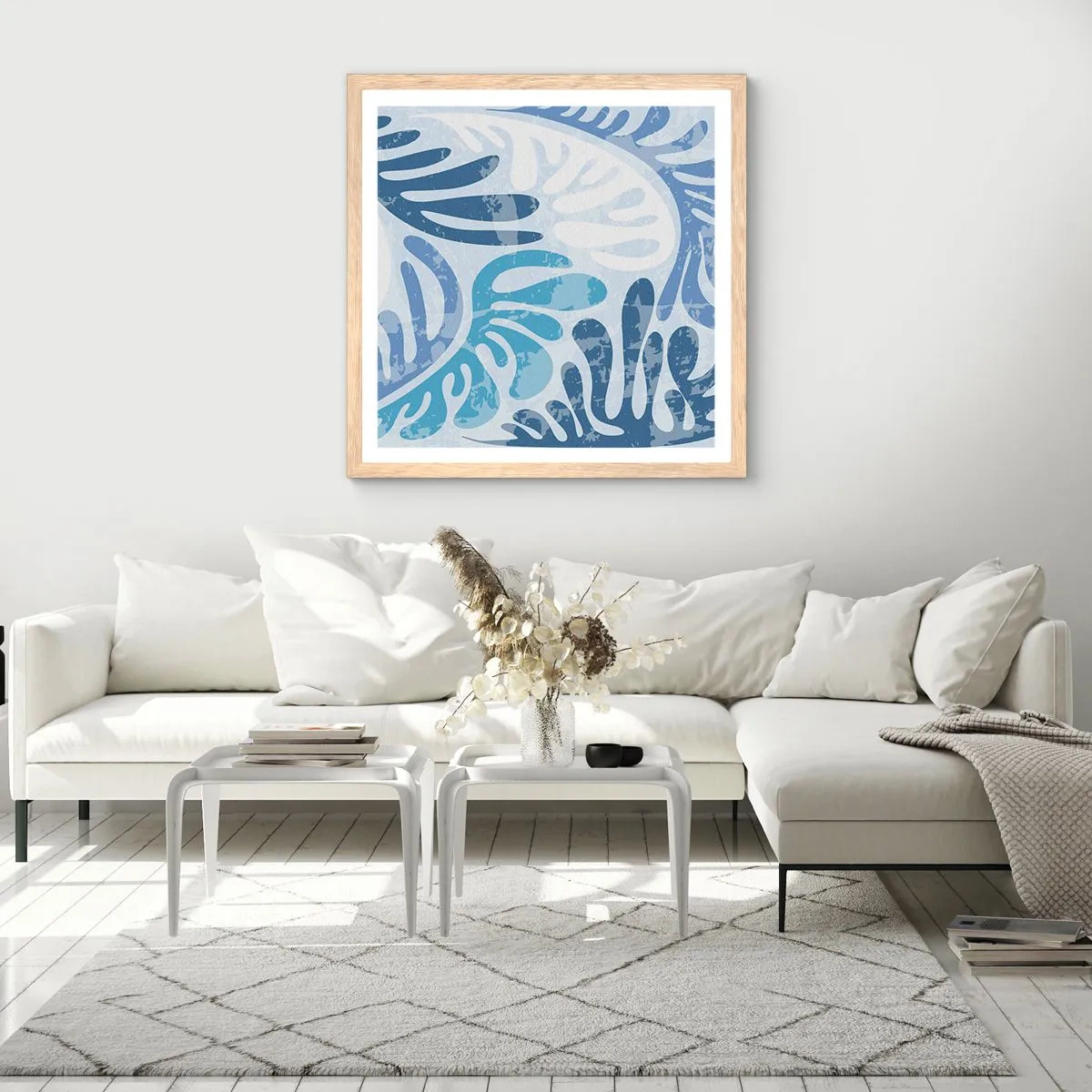 Affisch i ram av ljusek - Blåa ormbunkar - 60x60 cm