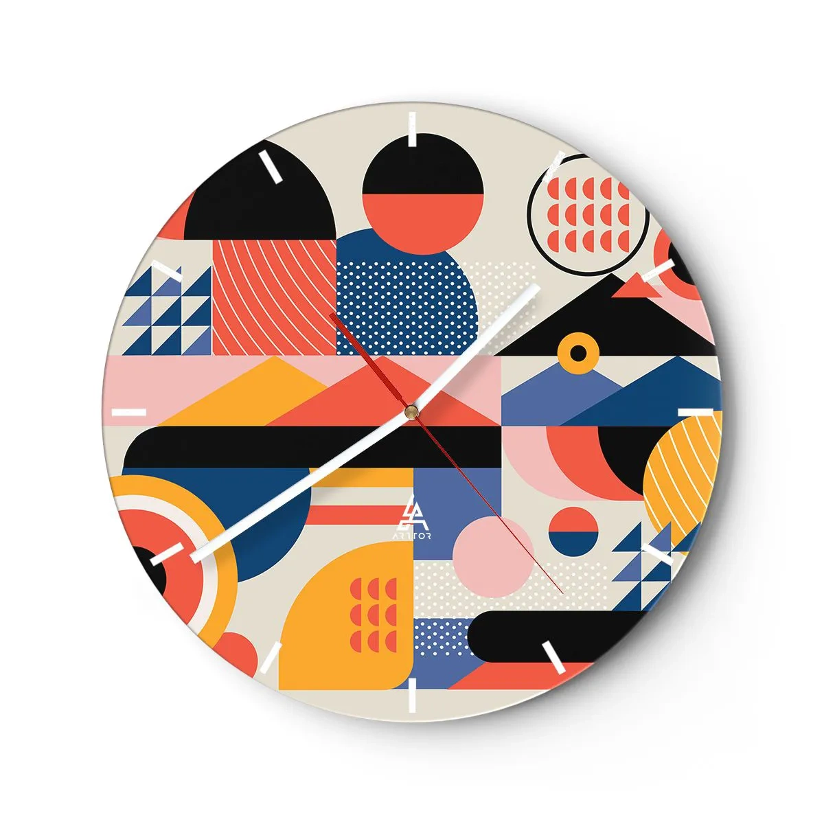 Väggklocka - Klocka på glas - Färgglad geometrisk abstraktion i retrostil - 30x30cm - Komposition: Lek - Modern väggdekoration för vardagsrum, kök och sovrum ARTTOR