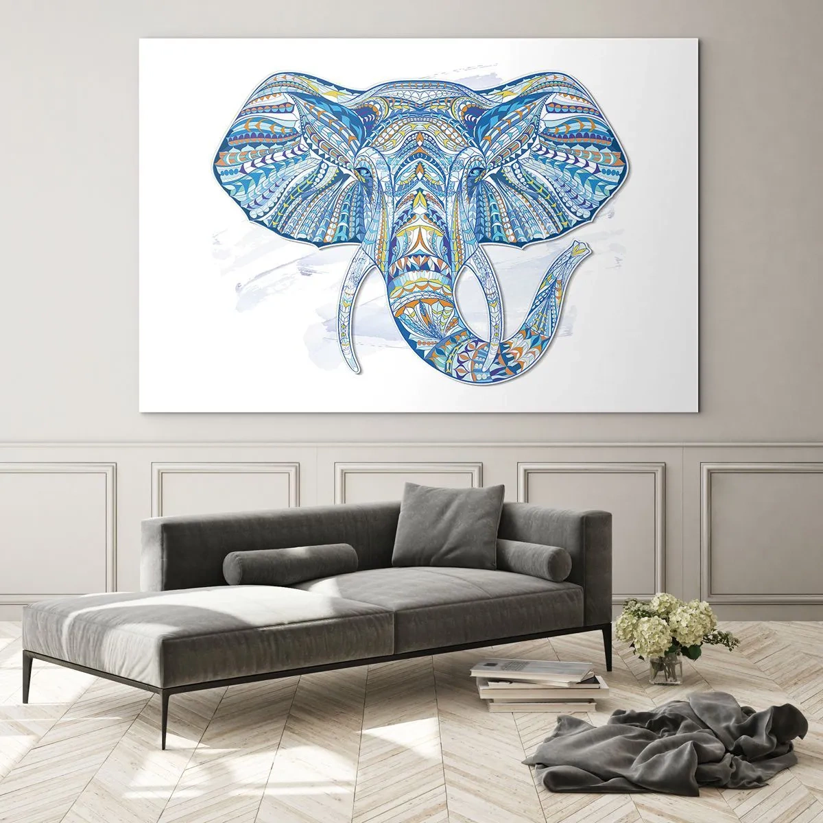 Glastavla - Bild på glas - Blå elefant i konstnärlig stil med geometriska mönster - 70x50cm - Inkrusterad med guld och blått - Modern väggdekoration för vardagsrum och sovrum ARTTOR