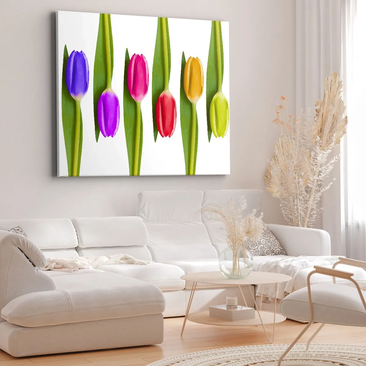 Canvastavla - Bild på duk - Flerfärgade tulpaner arrangerade i rad på vit bakgrund - 70x50cm - Regnbågskomposition - Modern väggdekoration för vardagsrum och sovrum ARTTOR