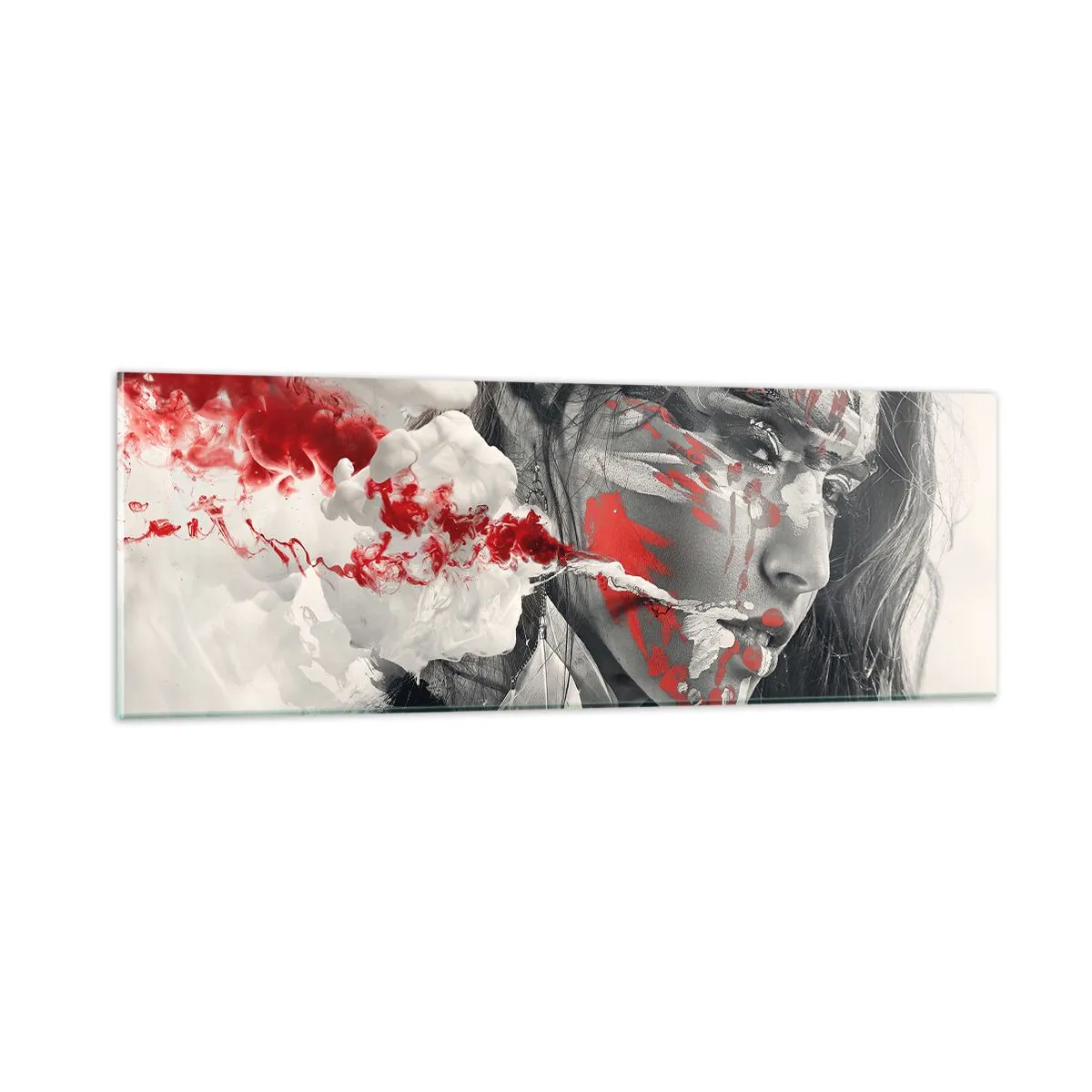 Glastavla - Bild på glas - Röd-vit absurdhet - 90x30 cm