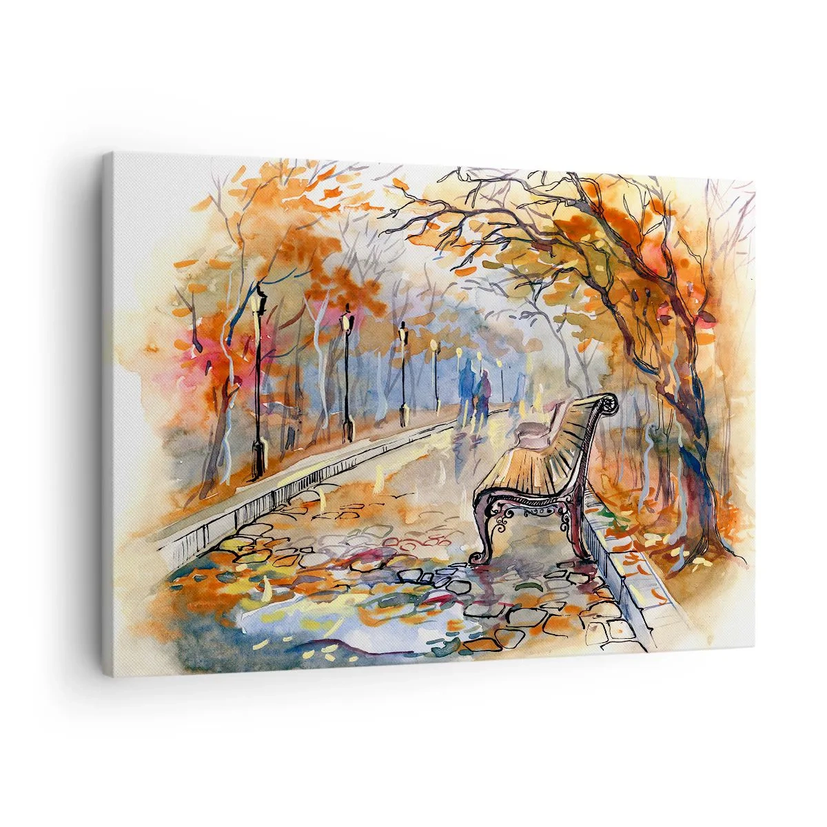 Canvastavla - Bild på duk - En höstpark med en bänk i akvarell - 70x50cm - Vandra tillsammans mot hösten - Modern väggdekoration för vardagsrum och sovrum ARTTOR