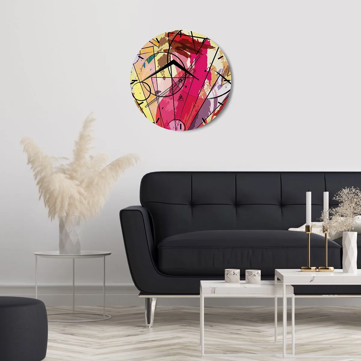 Väggklocka - Klocka på glas - En urtavla med ett dynamiskt, färgglatt mönster som liknar en explosion av färg - 30x30cm - Explosion  - Modern väggdekoration för vardagsrum, kök och sovrum ARTTOR
