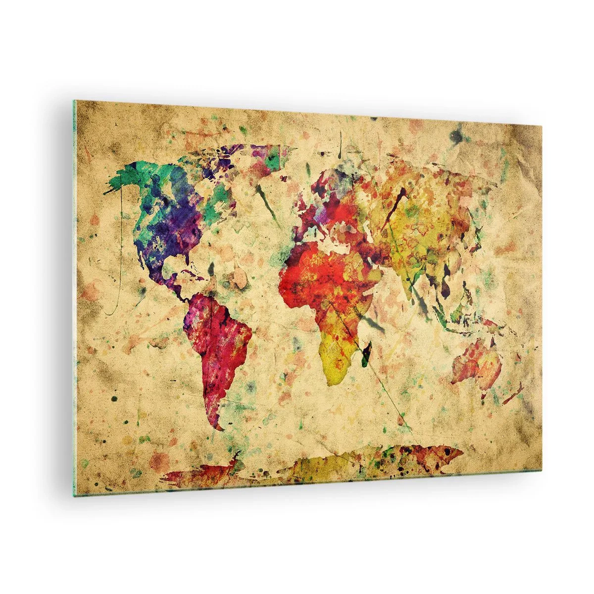 Glastavla - Bild på glas - Färgglad världskarta på en texturerad, vintagebakgrund - 70x50cm - Livet som färgglatt kartpapper - Modern väggdekoration för vardagsrum och sovrum ARTTOR