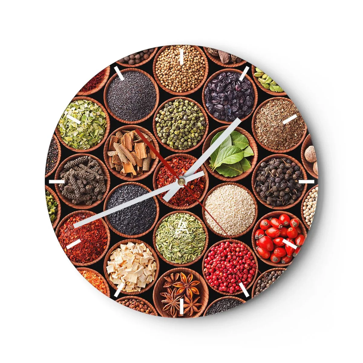 Väggklocka - Klocka på glas - En urtavla med ett färgglatt motiv av kryddor och örter i träskålar. - 30x30cm - Världens alla smaker - Modern väggdekoration för vardagsrum, kök och sovrum ARTTOR