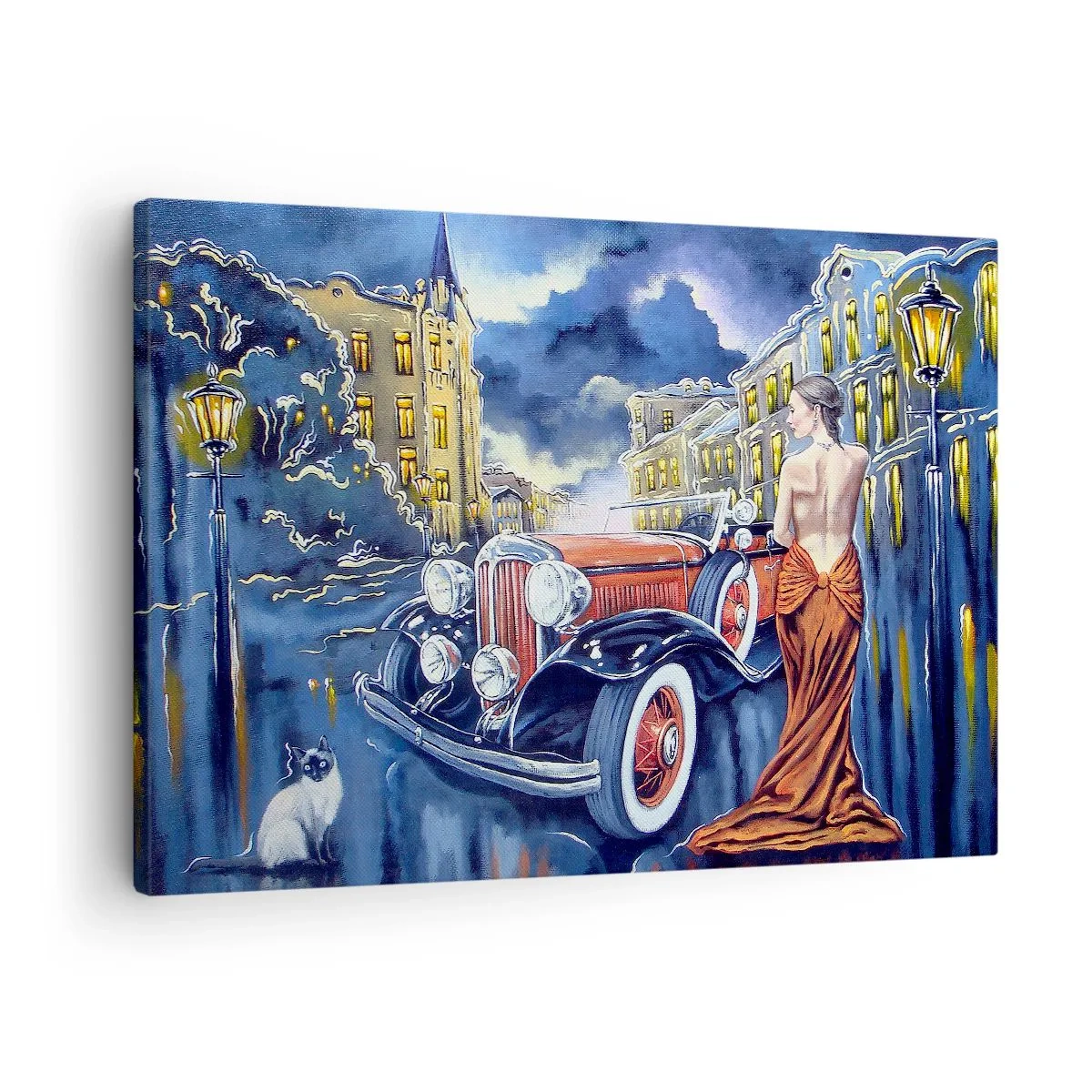 Canvastavla - Bild på duk - En kvinna i en elegant klänning vid en retrobil på natten - 70x50cm - Nocturne i blått och korall - Modern väggdekoration för vardagsrum och sovrum ARTTOR