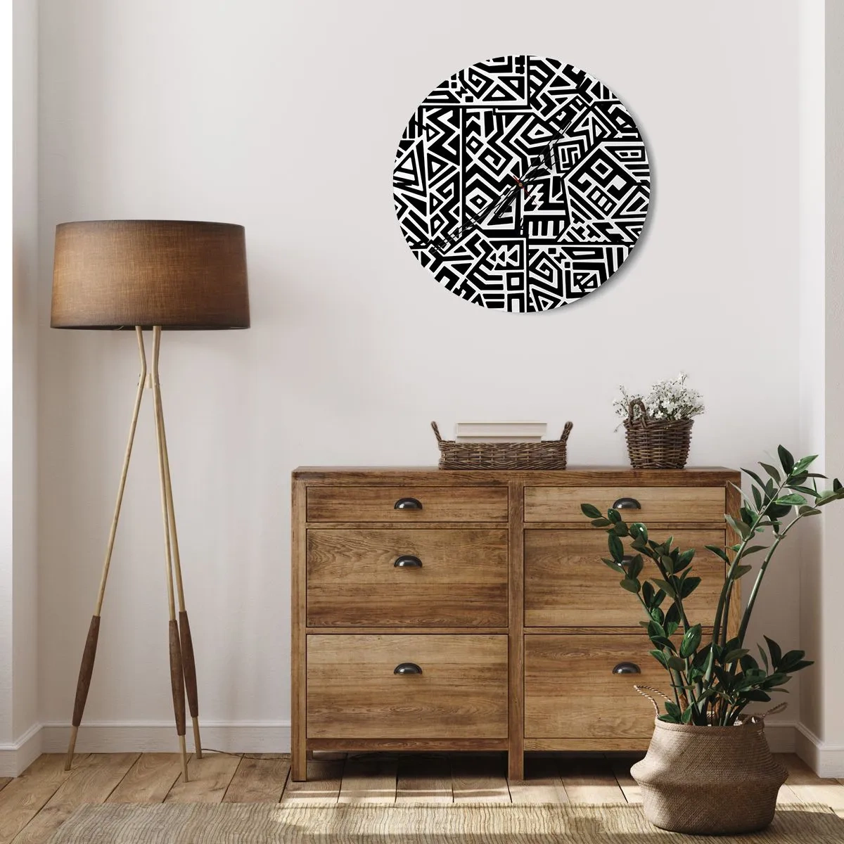Väggklocka - Klocka på glas - Svartvit komposition av geometriska mönster - 30x30cm - Prekolumbisk komposition - Modern väggdekoration för vardagsrum, kök och sovrum ARTTOR