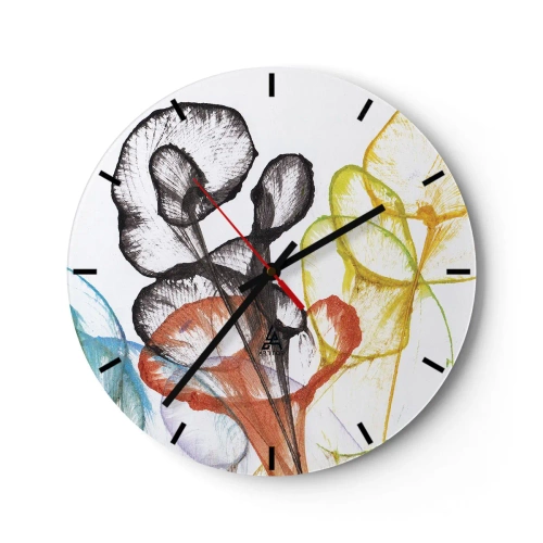 Väggklocka - Klocka på glas - Färgglada, abstrakta blommor på en vit bakgrund - 30x30cm - Blommor med själ - Modern väggdekoration för vardagsrum, kök och sovrum ARTTOR