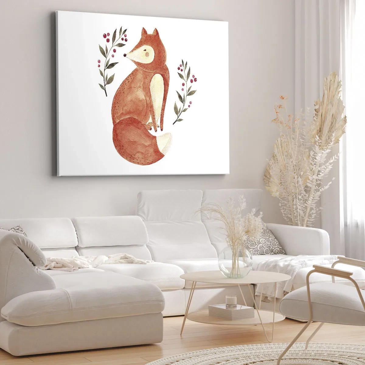 Canvastavla - Bild på duk - En akvarell räv omgiven av kvistar med bär - 70x50cm - Liten rödhårig - Modern väggdekoration för vardagsrum och sovrum ARTTOR