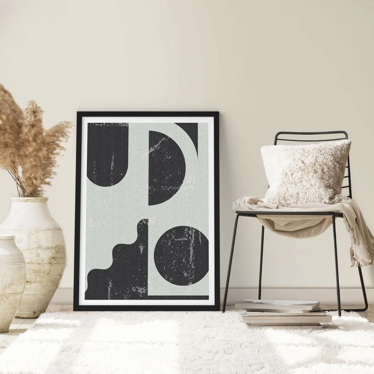 Affisch i svart ram - Abstrakt geometrisk komposition i svart och grått - 50x70cm - Komposition ovanför och under - Modern väggdekoration för vardagsrum och sovrum ARTTOR