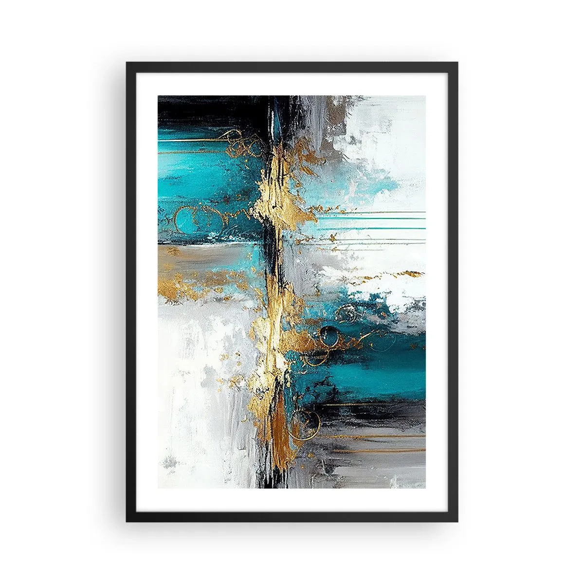 Affisch i svart ram - En abstrakt komposition i nyanser av turkos och guld. - 50x70cm - Allting flödar - Modern väggdekoration för vardagsrum och sovrum ARTTOR