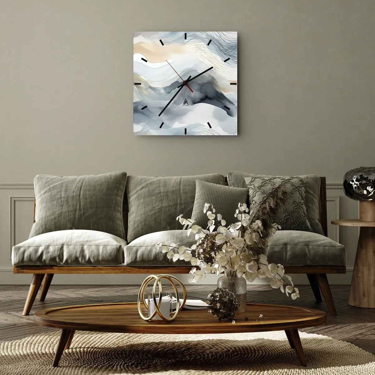 Väggklocka - Klocka på glas - Snöig och dimmig abstraktion - 40x40 cm