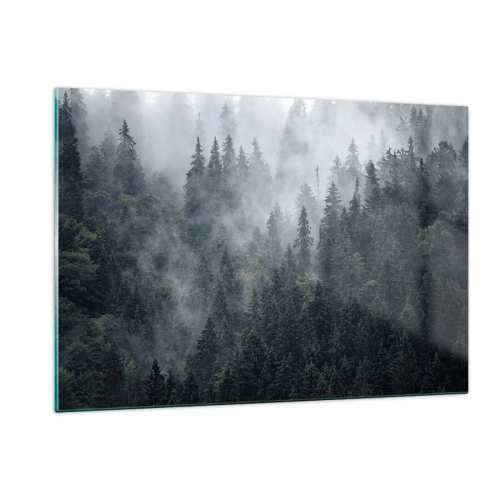 Glastavla - Bild på glas - Gryning i skogen - 120x80 cm