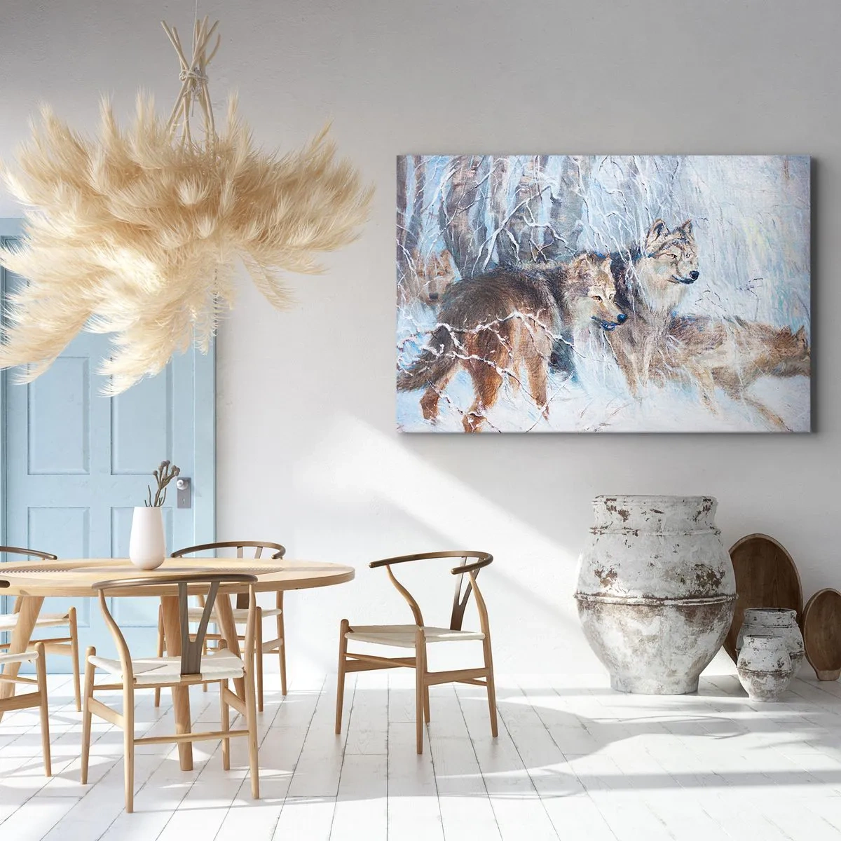 Canvastavla - Bild på duk - Vargar i en vinterskog mot en snöig bakgrund - 70x50cm - Akta! Någon kommer - Modern väggdekoration för vardagsrum och sovrum ARTTOR